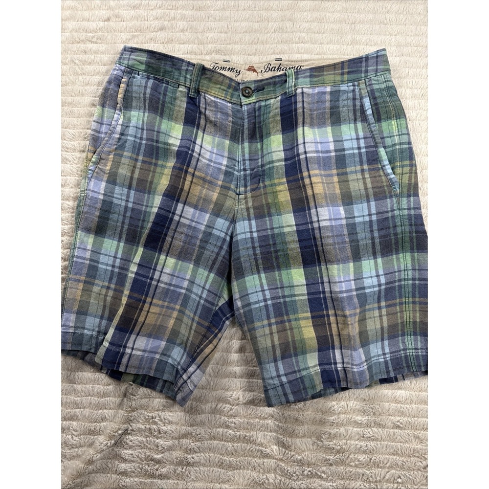 Tommy Bahama Shorts Men 33x9" Blue Plaid Flat Front Chino Linen Blend Tencel EUC